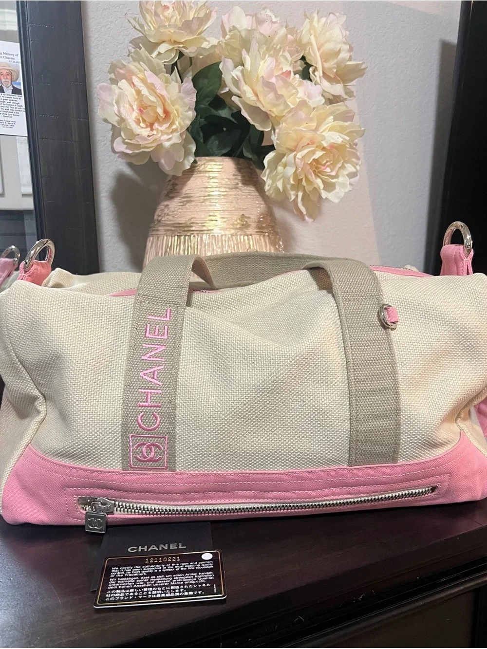 CHANEL Beige and Pink Canvas Weekend Duffle
